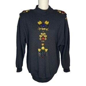 Vintage 80s Rafael Top Black Textured Embroidered Bejeweled Mock Neck Top Size S